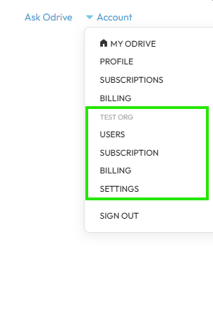 Org options in Account menu